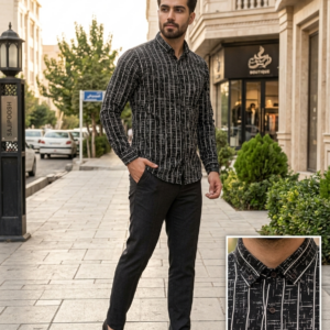 پیراهن مردانه آستین بلند طرح خطی پتینه (کد مشکی/طوسی)